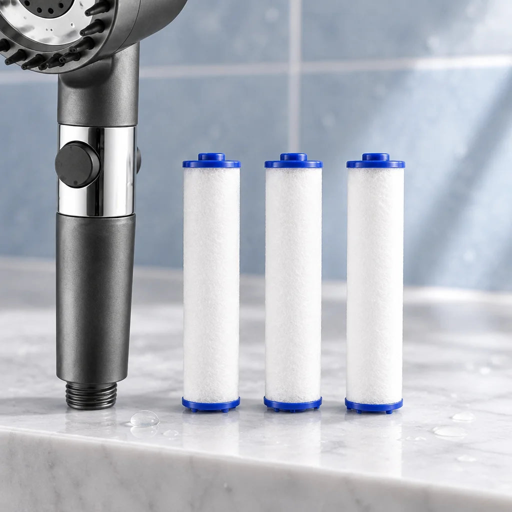 A close bathroom-ledge photograph focused on exactly three white cylindrical replacement cartridges
