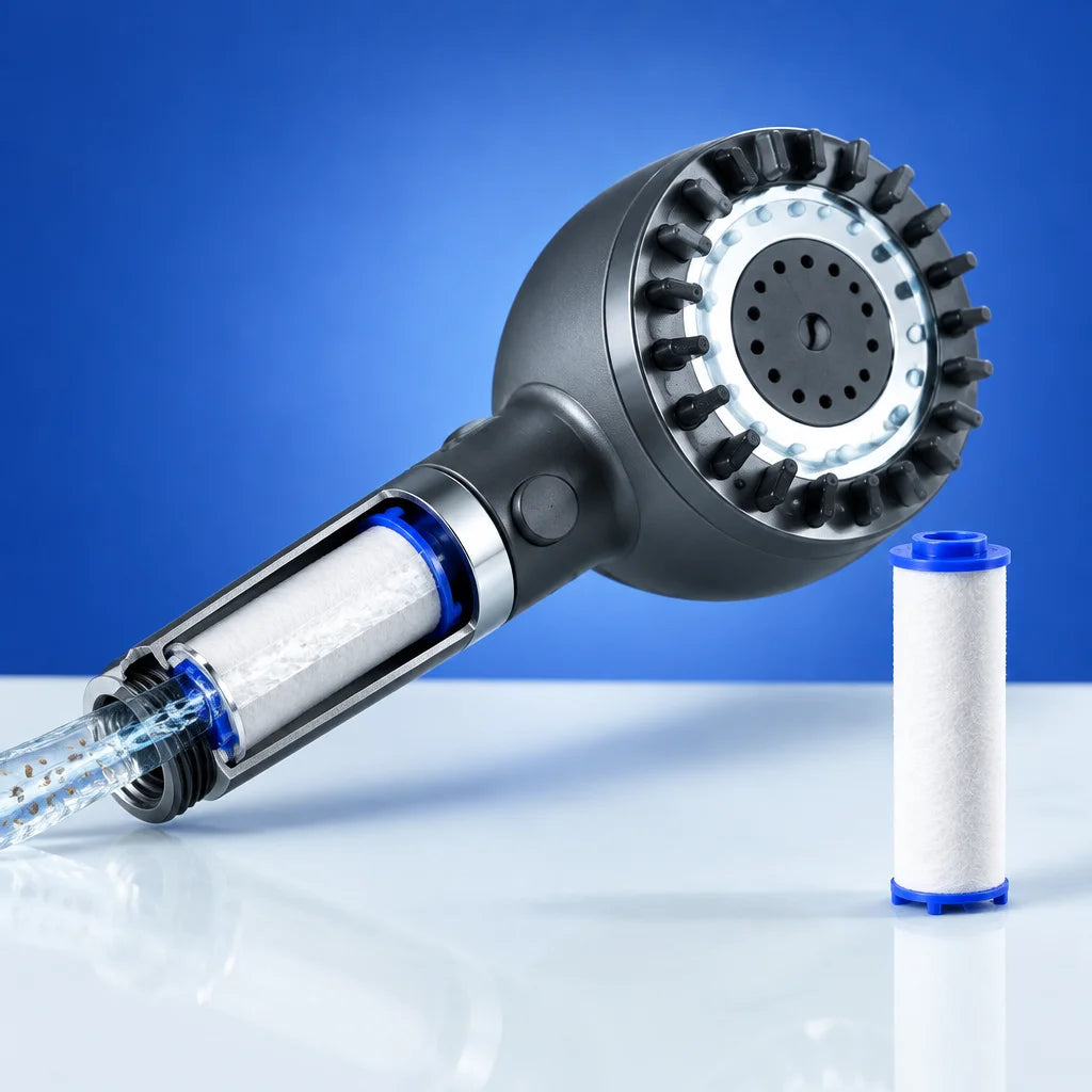 A precise close-up studio photograph of the exact grey-and-silver round showerhead and one white blu
